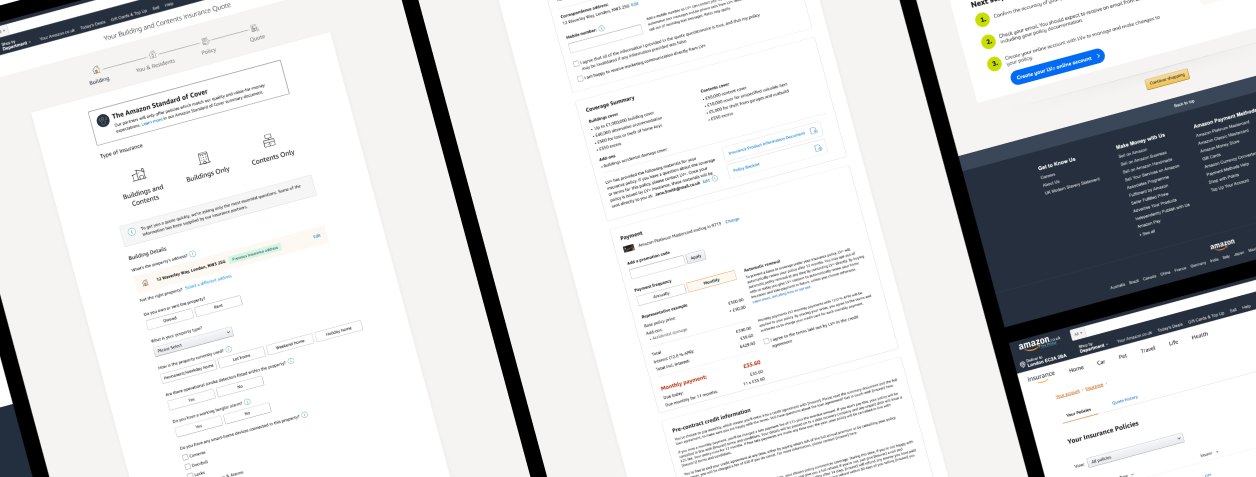 Amazon insurance comparison screen showing multiple insurer cards with coverage details and pricing