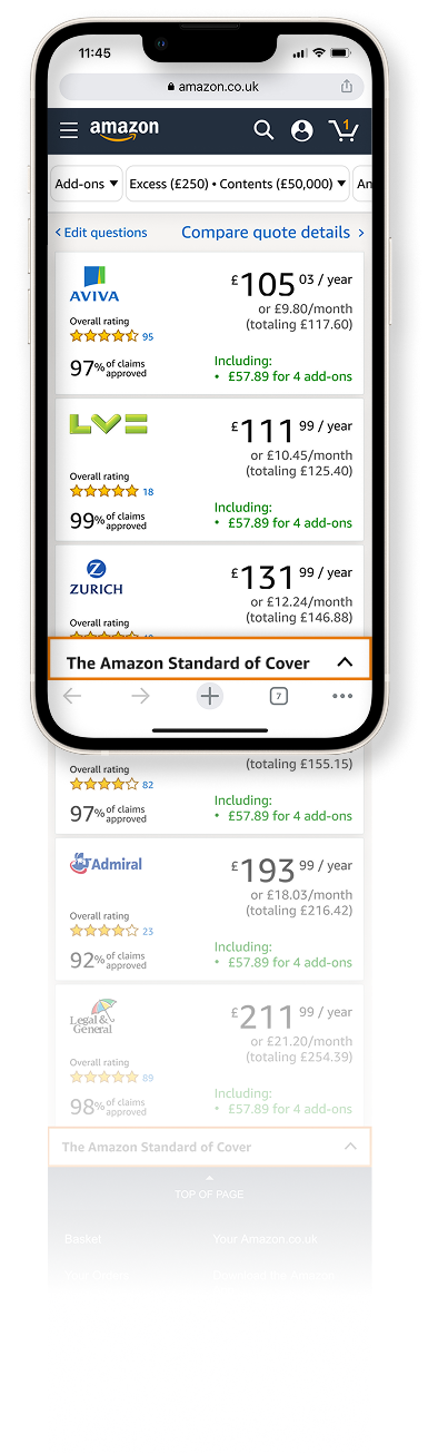 Amazon insurance mobile screens showing the quote flow and comparison layout on a smartphone