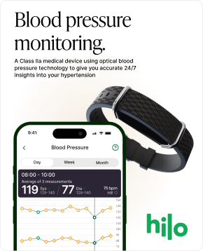 Hilo app on a wearable device showing blood pressure monitoring and health trends