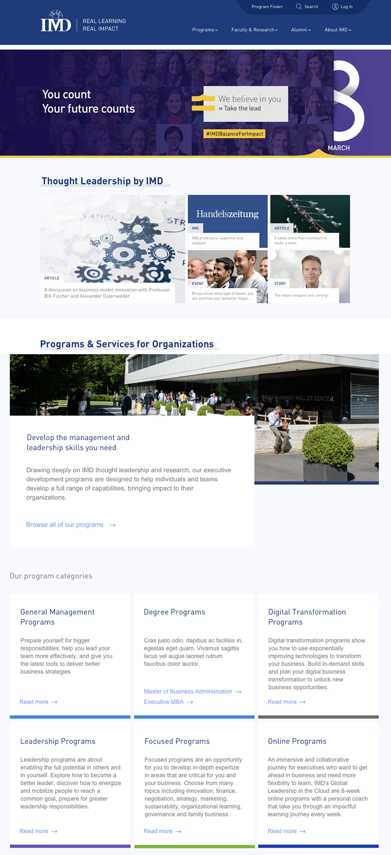 Redesigned IMD homepage showing cleaner navigation, clear content hierarchy and improved wayfinding with prominent CTAs