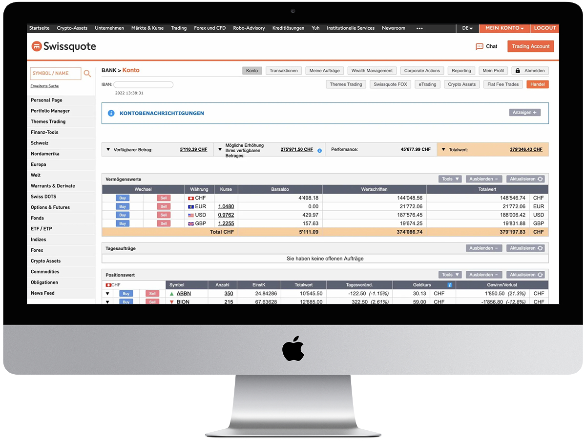 The original Swissquote eTrading platform shown on an iMac — a dated orange-and-white interface with dense navigation and data tables