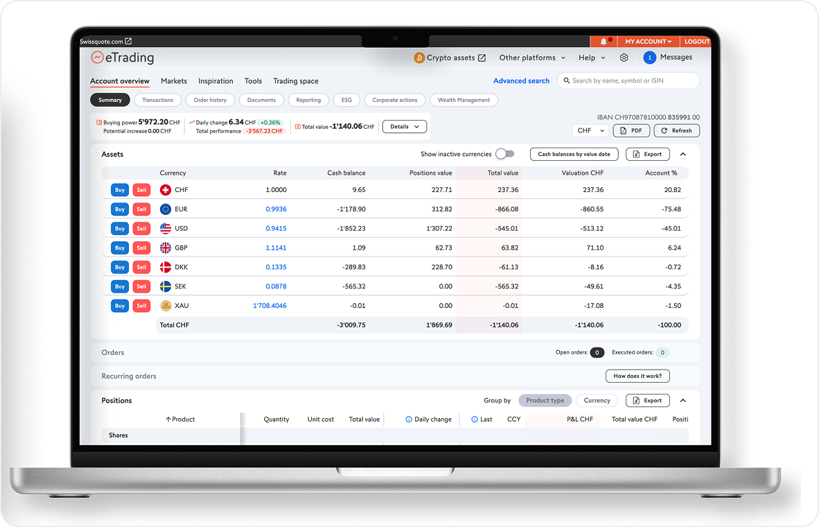 The redesigned eTrading platform shown on a MacBook — a clean, modern account overview with clear navigation, asset tables, and position management