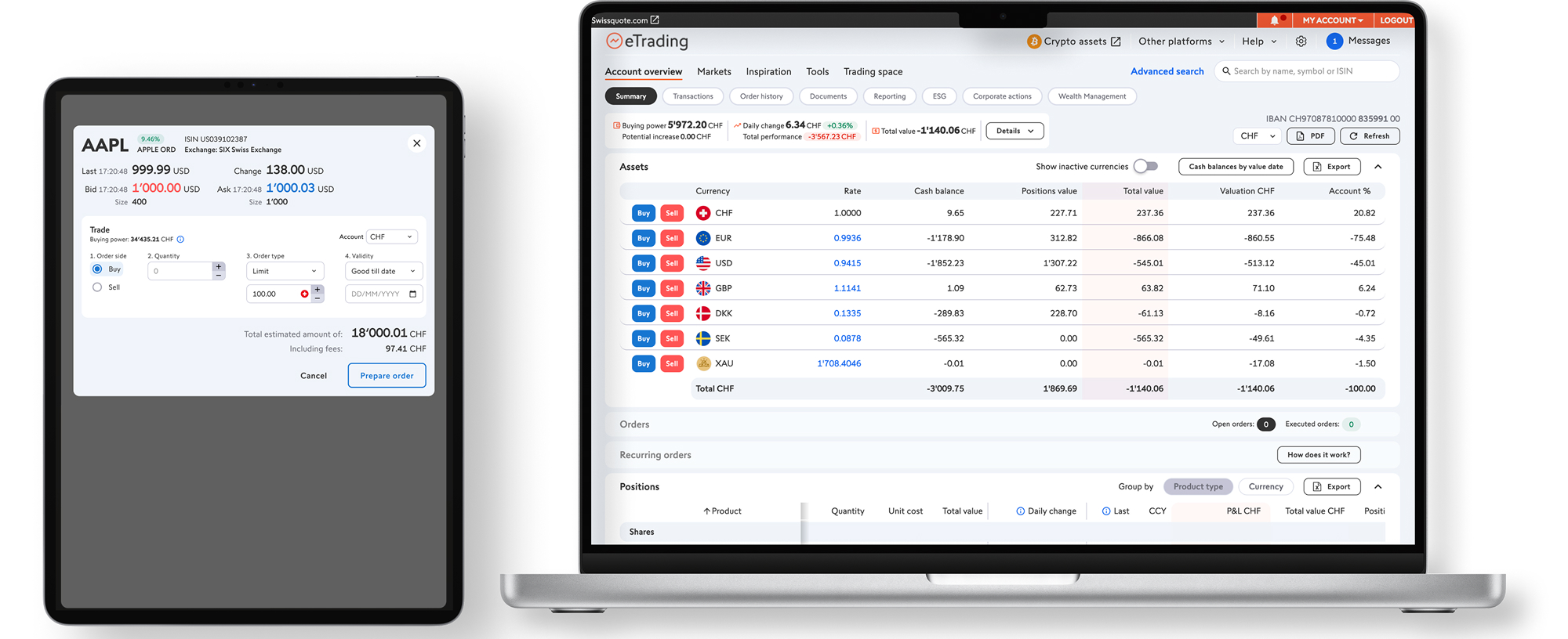 The new eTrading experience across devices — tablet showing a stock order ticket for AAPL, and laptop showing the full account overview