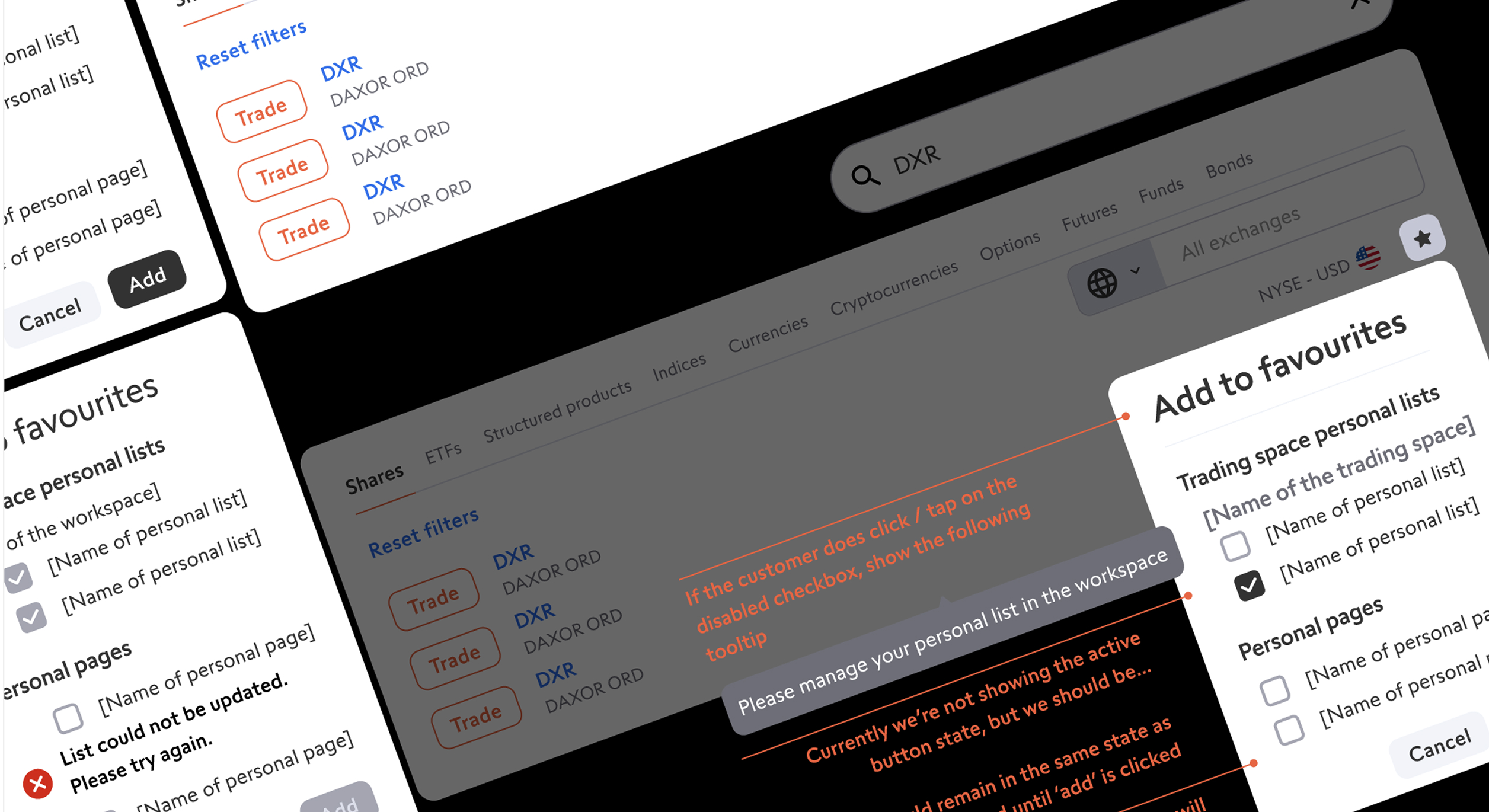 Design documentation for the Add to Favourites feature — showing the search interface, filter states, and the favourites modal with annotated interaction notes