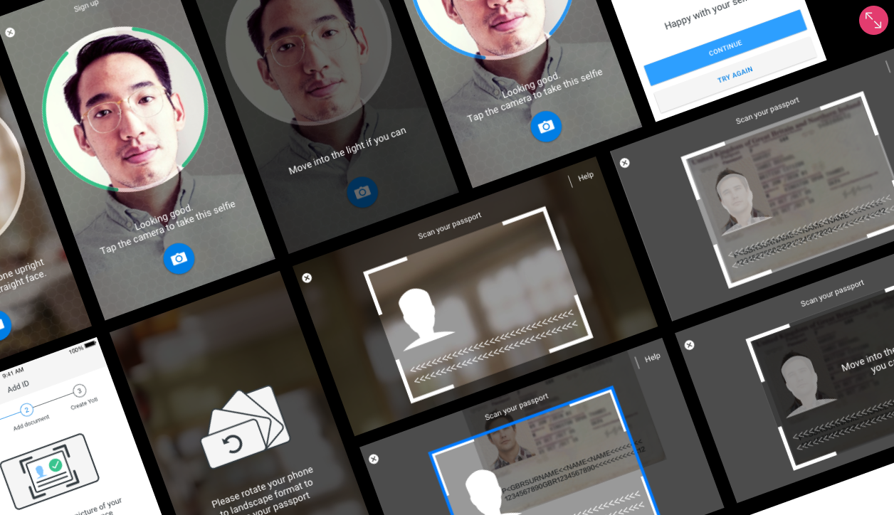 Yoti app screens showing the passport scanning registration flow across multiple steps on mobile